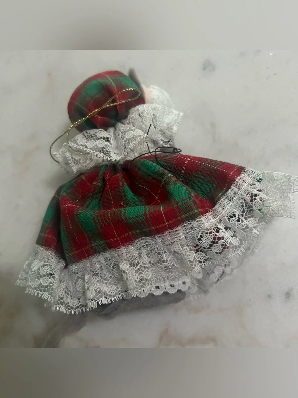 Vintage Cloth Christmas Mouse Plaid Dress & Hat Holiday Decor Ornament